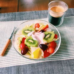 High angle view of salad in bowl on table