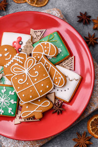 High angle view of cookies in plate on table