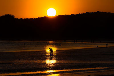 Silhouette person by tree against sky during sunset