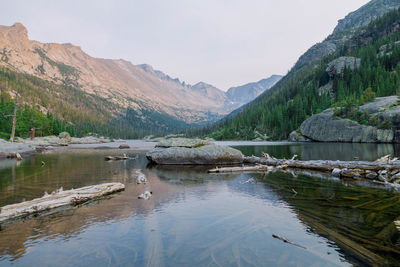 Scenic view of lake and mountains against sky at the rocky mountain national park