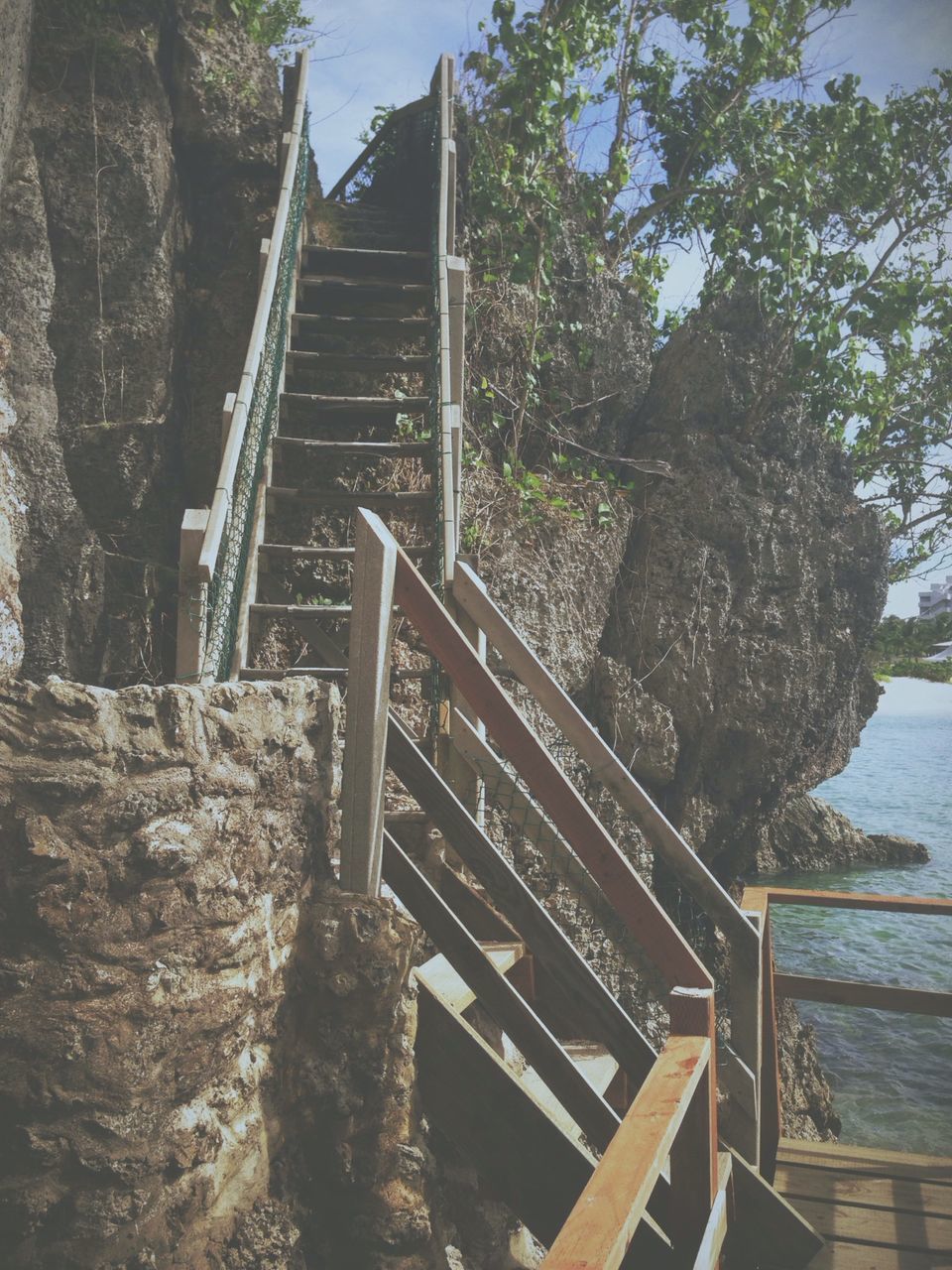 built structure, tree, architecture, low angle view, railing, bridge - man made structure, connection, sunlight, sky, metal, day, no people, outdoors, steps, wood - material, clear sky, nature, bridge, footbridge, rock - object