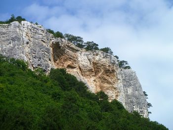 Low angle view of rock formations against sky