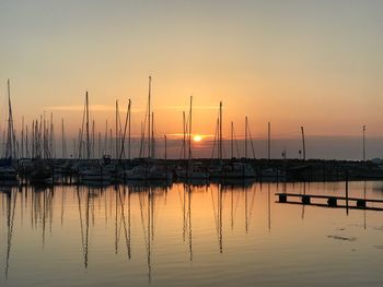 Sailboats in marina at sunset