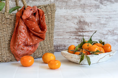 High angle view of fruits and vegetables on table