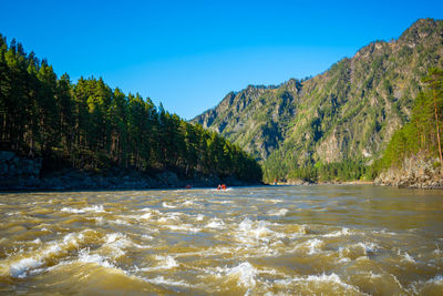 Scenic view of lake against clear blue sky