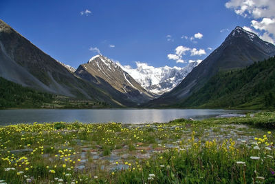 Idyllic shot of lake and mountains against sky