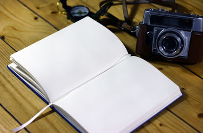 High angle view of camera on table