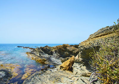 Scenic view of sea against clear blue sky
