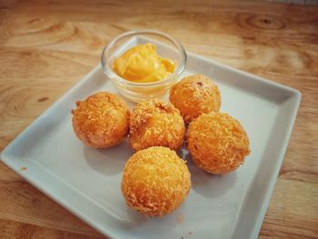 High angle view of breakfast served on table