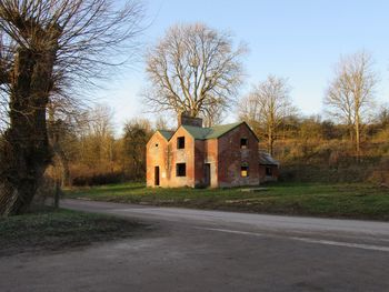 House by bare trees against sky