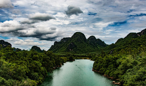 Scenic view of river amidst trees against sky