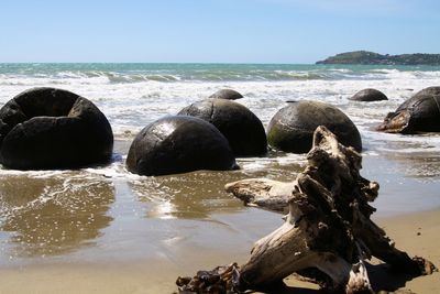 Rocks on beach against sky