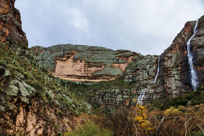 Low angle view of rock formation against sky
