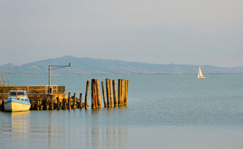 Sailboats in sea against sky