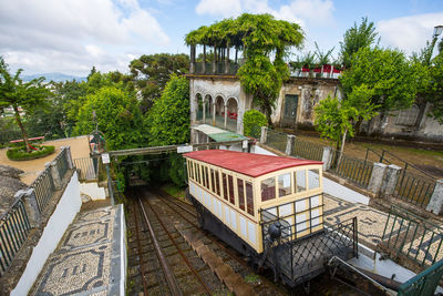 Railroad tracks amidst trees and buildings against sky