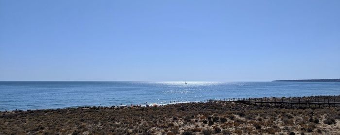 Scenic view of sea against clear blue sky