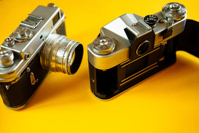 High angle view of camera on table