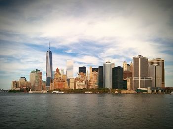 City skyline at dusk