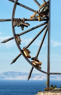 Close-up of rusty metal fence against sky