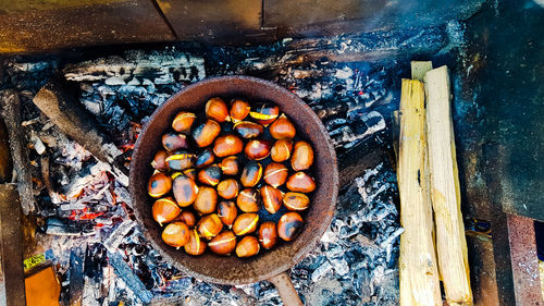 High angle view of fruits in container on table