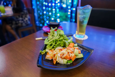 Close-up of food served on table