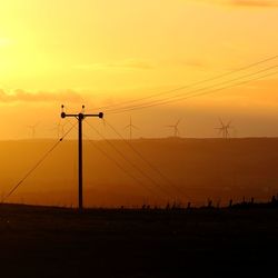 Silhouette electricity pylon on field against sky during sunset