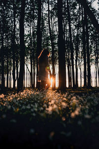 Silhouette woman standing amidst trees in forest at sunset