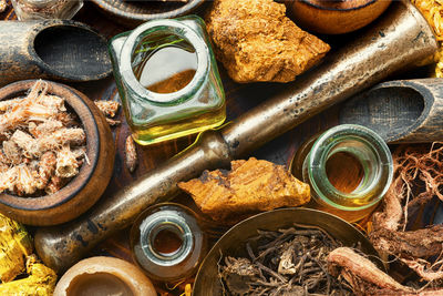 High angle view of old objects on table