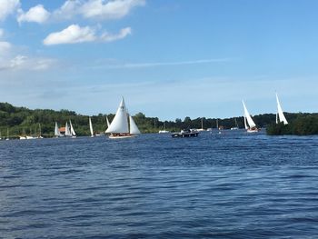 Sailboats sailing on sea against sky