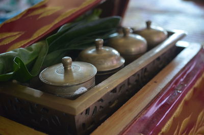 High angle view of container in box on table