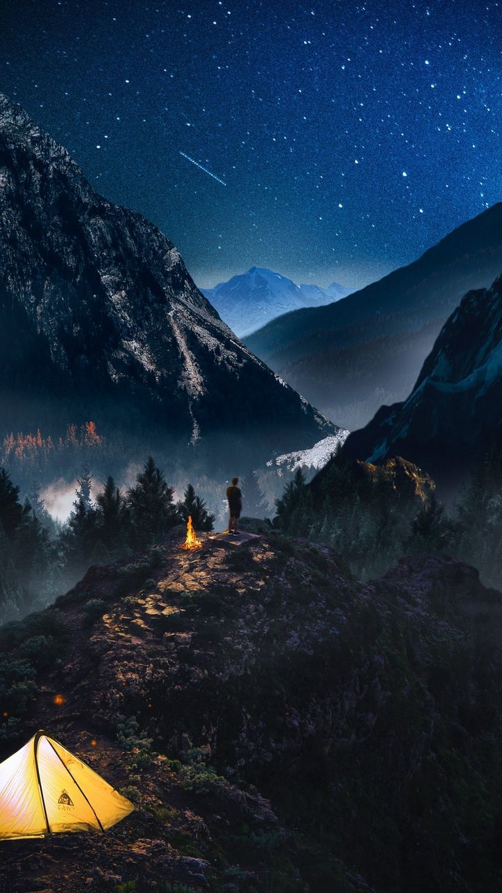 mountain, scenics - nature, sky, beauty in nature, nature, leisure activity, night, mountain range, tranquility, adventure, real people, two people, star - space, land, people, lifestyles, rear view, men, tranquil scene, environment, outdoors