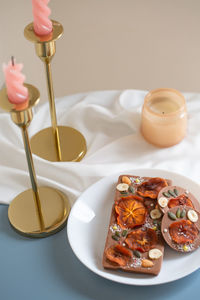 High angle view of breakfast on table