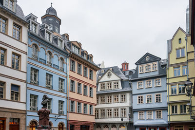 Low angle view of buildings in city against sky