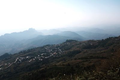 High angle view of mountains against clear sky