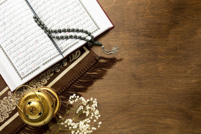 High angle view of book on table