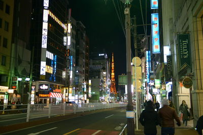 People on city street amidst buildings at night