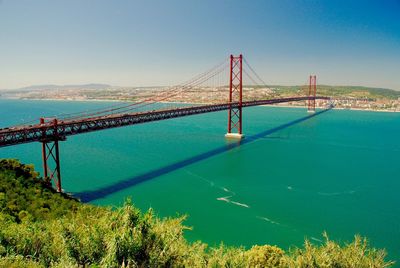 View of suspension bridge over sea