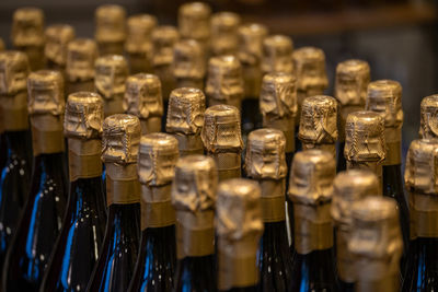 High angle view of bottles on table