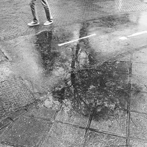 Reflection of people in puddle