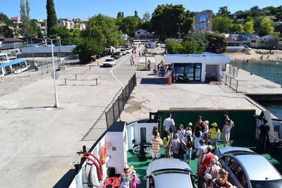 High angle view of people walking on street