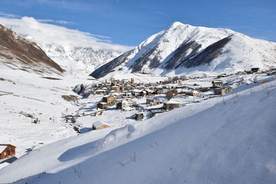 Winter in ushguli in the caucasus mountains in samegrelo-zemo svaneti region, georgia