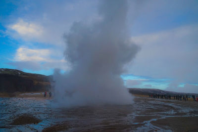 Panoramic view of volcanic landscape against sky