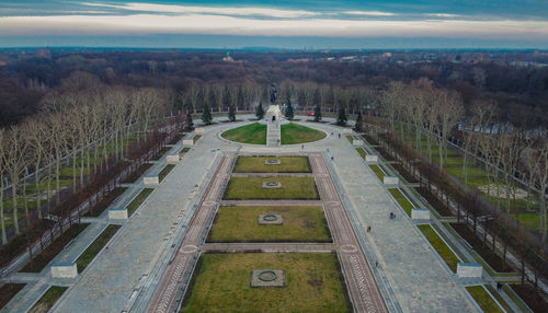 High angle view of trees on landscape against sky