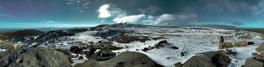 Panoramic view of snowcapped landscape against sky