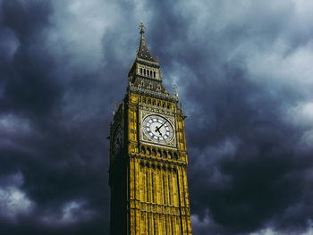 Low angle view of clock tower against cloudy sky