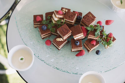 High angle view of cake in plate on table