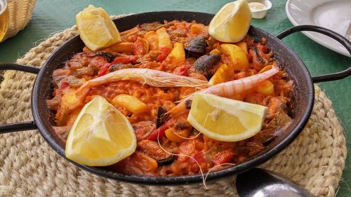 Close-up of meal served on table