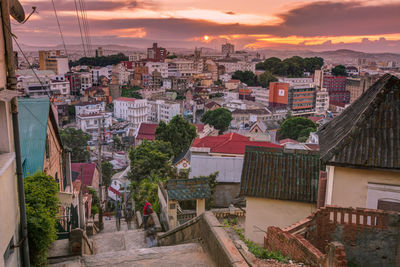 High angle view of antananarivo at sunset