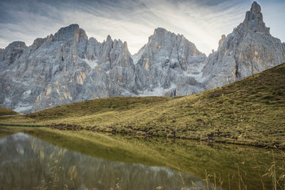 Scenic view of lake and mountains against sky