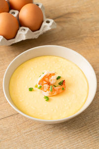 High angle view of soup in bowl on table